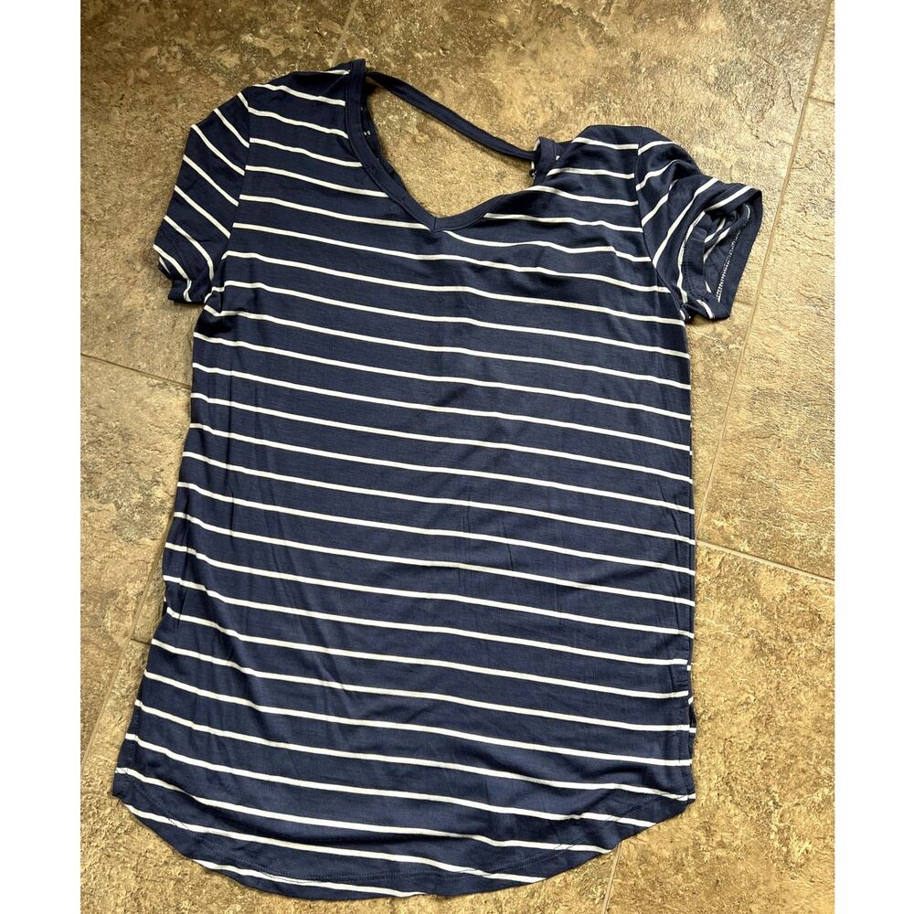 Glitz Navy with strip V-neck Short Sleeve T-shirt, Women's size M - Picture 5 of 7